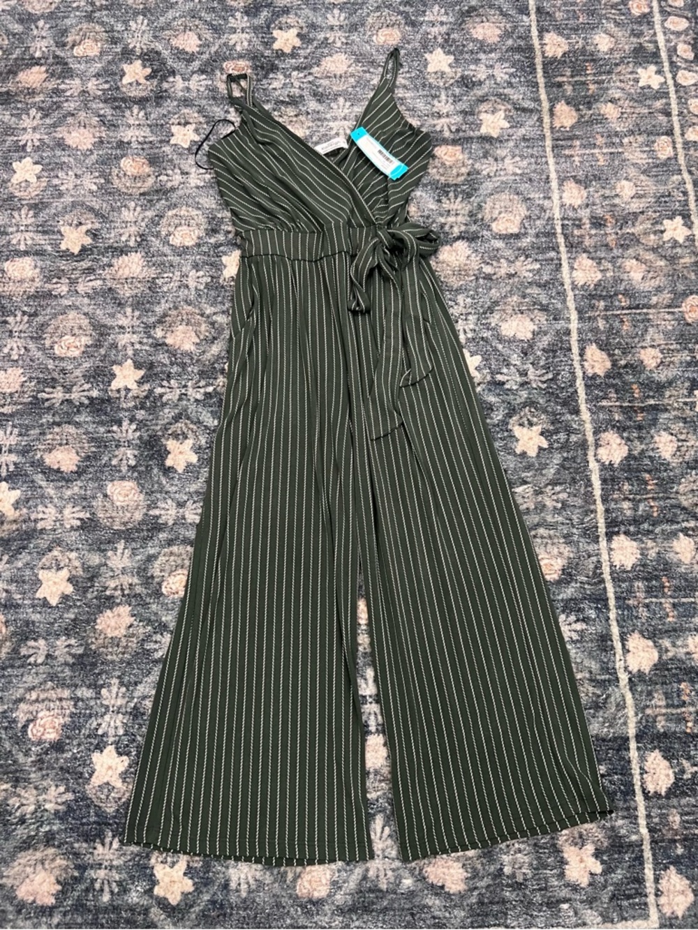 Kaileigh Olive Green Pinstripe Wide-Leg Jumpsuit